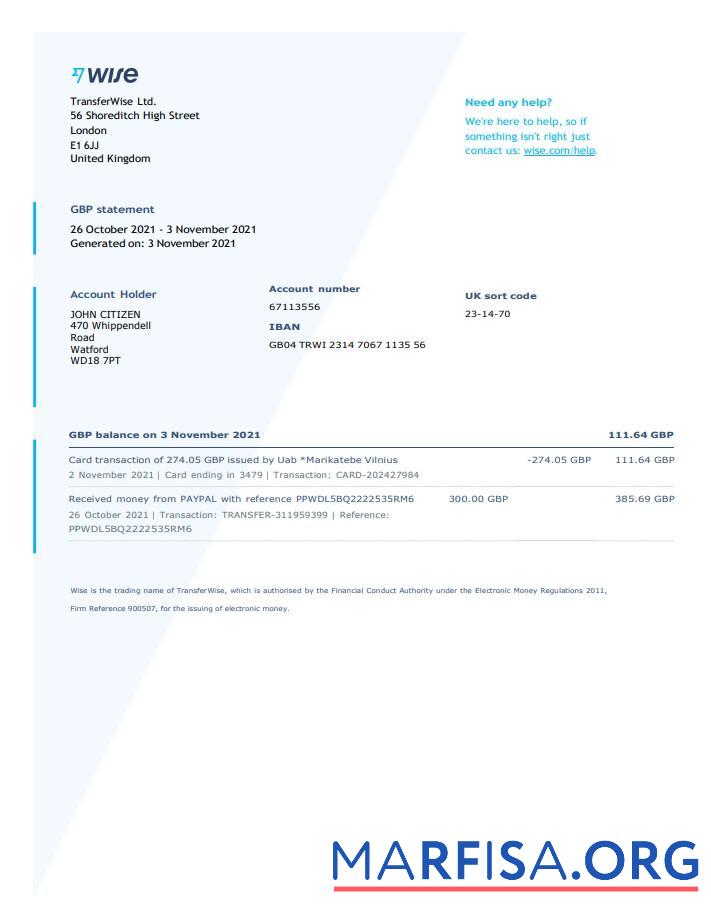 Downloadable United Kingdom Wise bank statement word real example